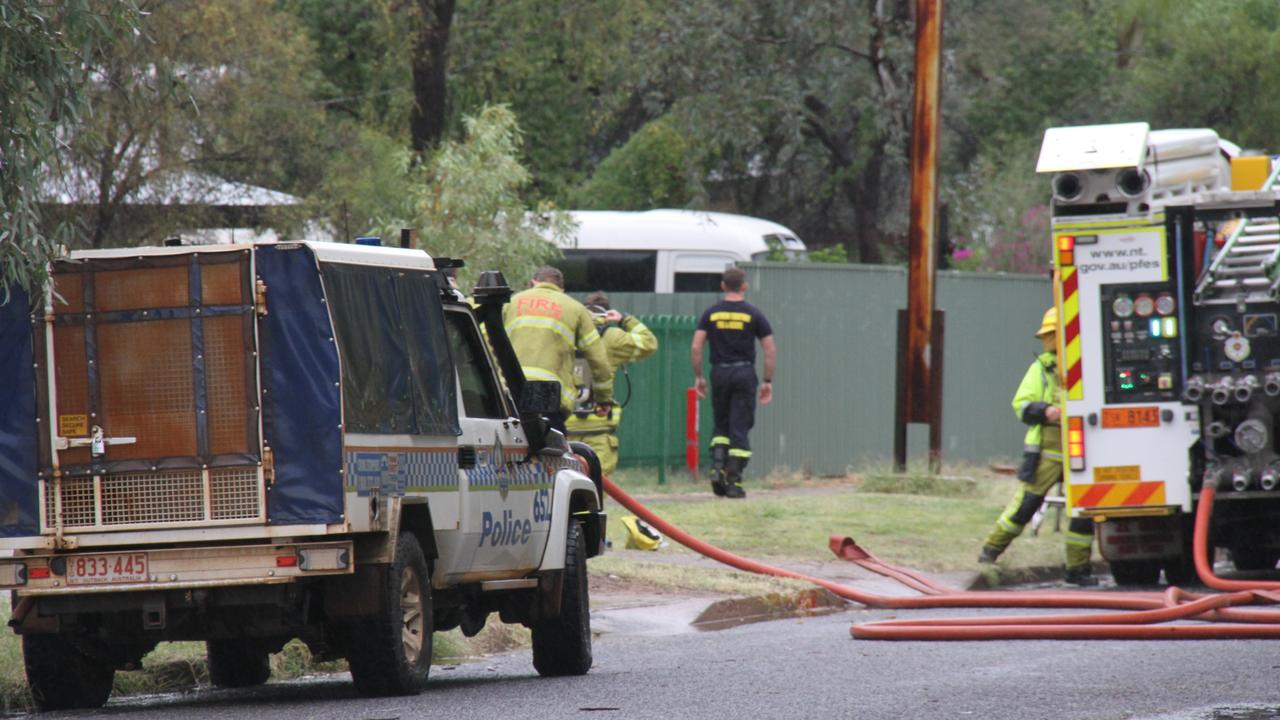 Arunga St in The Gap, Alice Springs, was shut as police and fireys responded to a structure fire on Tuesday, May 27, 2024. Picture: Gera Kazakov