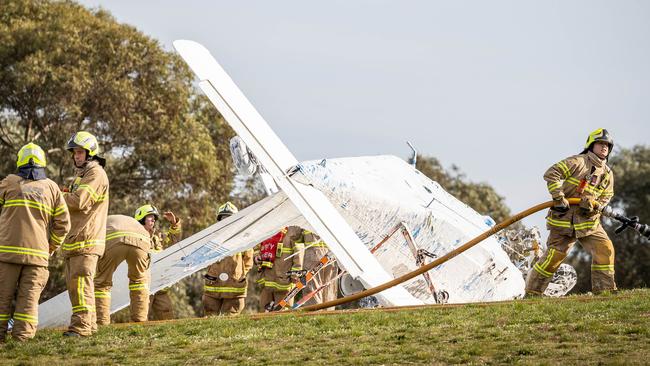 The aircraft flipped on to its roof in the crash. Picture: Jake Nowakowski