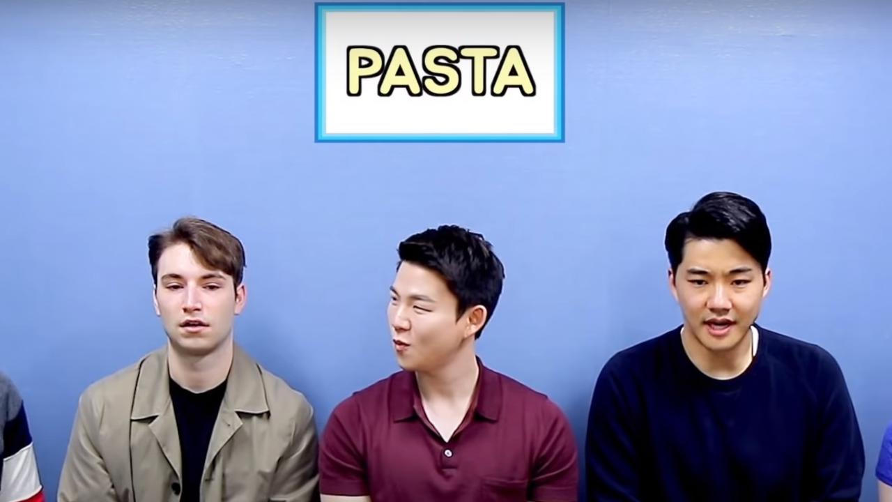 This time American Jon questioned British Sam’s pronunciation of the word ‘pasta’, which he says like ‘PAstuh’, with an emphasis on the ‘pa’. Picture: YouTube/ KoreanBilly’sEnglish