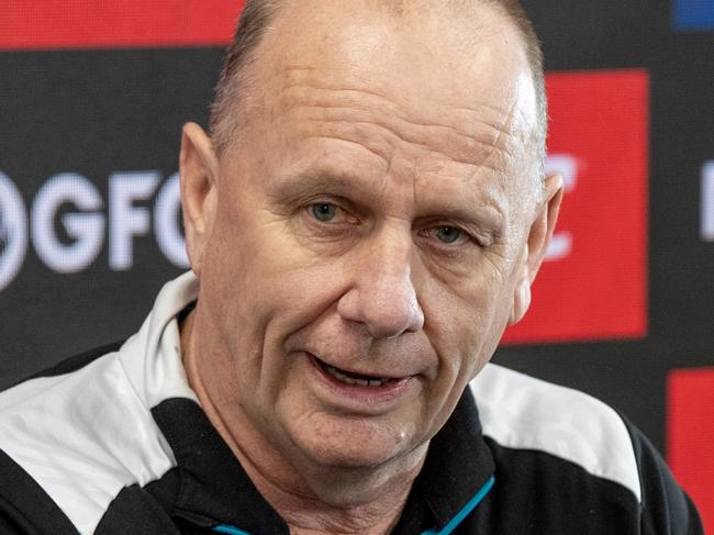 ADELAIDE, AUSTRALIA - SEPTEMBER 18: Port Adelaide Power coach Ken Hinkley speaks to the media during a media opportunity at Alberton Oval on September 18, 2024 in Adelaide, Australia. (Photo by Mark Brake/Getty Images)