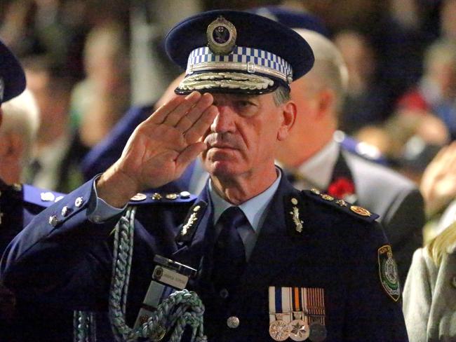 NSW Police Commissioner Andrew Scipione at the ANZAC Day dawn service at the cenotaph in Martin Place before he spoke to media about the terror threat.