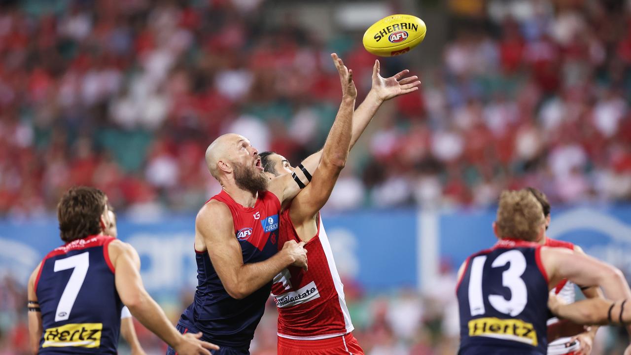 Gawn and Grundy do battle. (Photo by Matt King/AFL Photos/Getty Images)