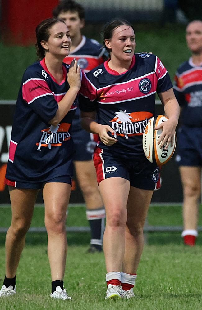 Palmerston Crocs' Roxy Mahony-Gilchrist (right) after scoring against University during Round 11. Picture: From The Sideline Sports Photography