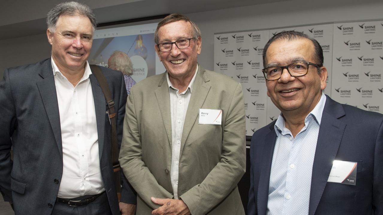 Celebrating 45 years of Shine Lawyers are (from left) Duncan McMeekin QC, Kerry Shine and Ravin Raj. Picture: Nev Madsen.