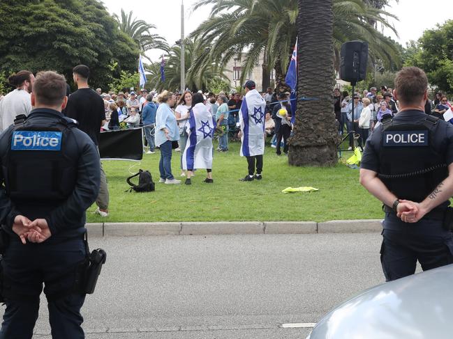 There was a large police presence at the rally, held near the Jewish Soldiers of Victoria War Memorial in Ripponlea. Picture: David Crosling