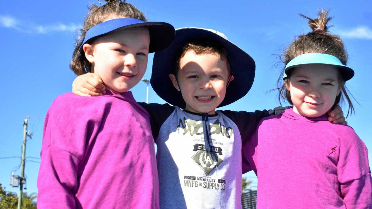 Isabel Cook, 6, Jake Hoffmann, 4, and Jessica Cook, 4 , at Maranoa Basketball Association's holiday netball clinic. Picture: Ellen Ransley