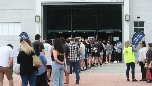 People lining up for the COVID vaccination clinic at PW1. Picture: Nikki Davis-Jones