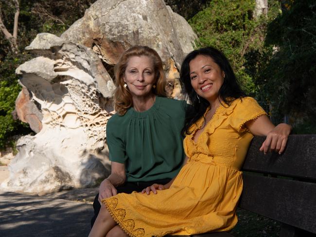 The dynamic local duo on the bench at Nielsen Park where a pivotal scene was filmed. Picture: Monique Harmer