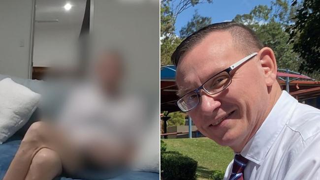 Oxenford State School principal Patric Brady (right) and blurred police footage of his arrest.