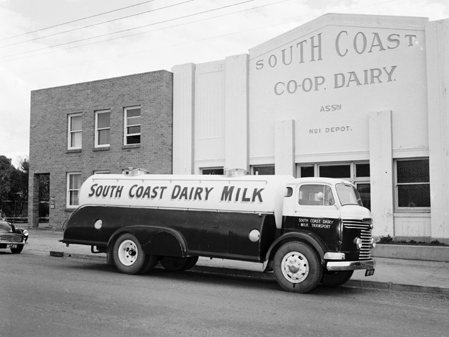 A Bedford milk tanker outside the South Coast Co-op Dairy, Scarborough Street, Southport, in 1961. Picture: Bob Avery/Gold Coast Libraries Local Studies Collection.