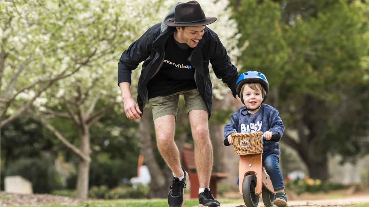 Ross Van Der Werff with his son Lowen at the Man with a Pram event on Father's Day. Picture: Kevin Farmer