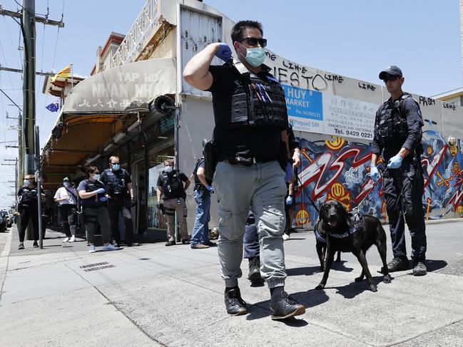 Highly trained sniffer dogs join the patrols. Picture: Alex Coppel