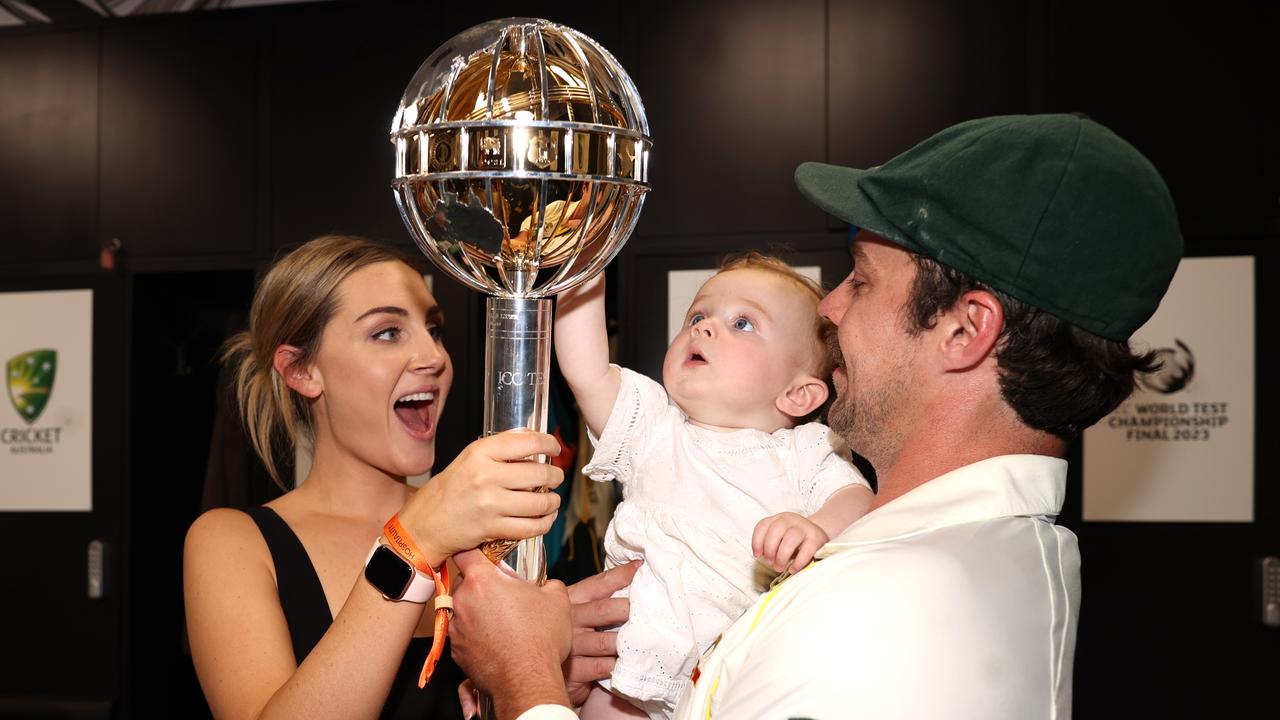 The Head family pose with the World Test Championship mace after Australia’s victory in the final. (Photo by Ryan Pierse-ICC/ICC via Getty Images)