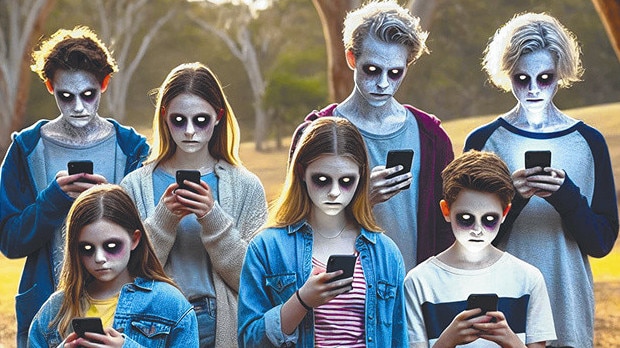 Without age limits, social media will turn our kids in to zombies. Image: ChatGPT