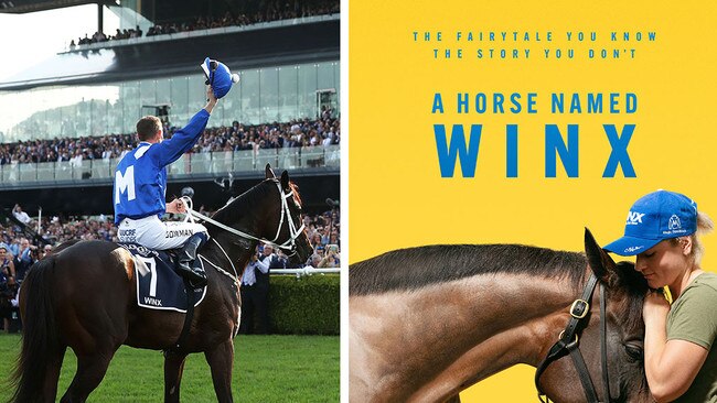 Winx and jockey Hugh Bowman (left) salute the crowd at Royal Randwick; and (right) the poster for the new documentary, A Horse Named Winx.