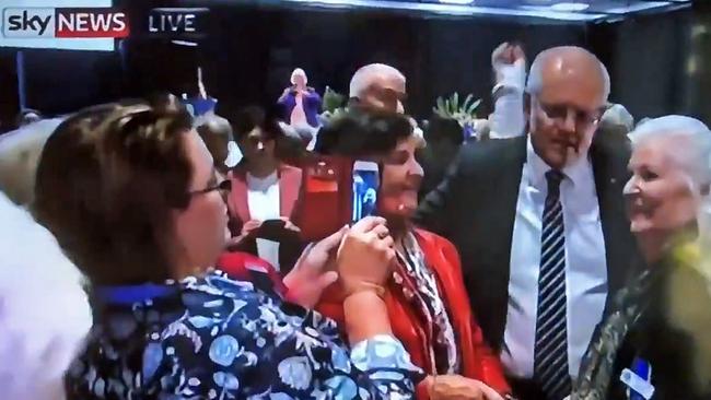 Prime Minister Scott Morrison with Country Women’s Association members in Albury. Picture: Sky News