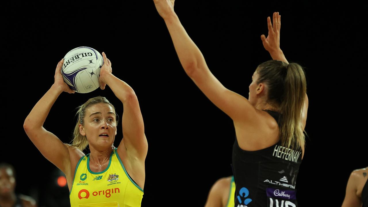 Diamonds captain Liz Watson was under pressure all night from Katie Heffernan as well as the Silver Ferns zone defence. Picture: Getty Images