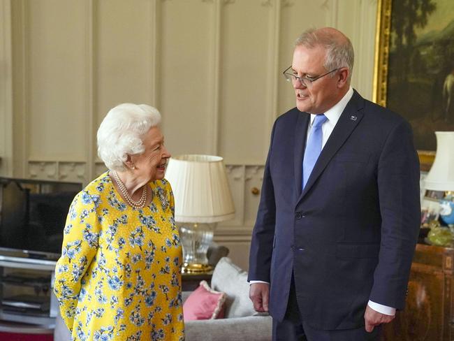 The Queen receives Prime Minister Scott Morrison during an audience in the Oak Room at Windsor Castle. Picture: Getty Imags