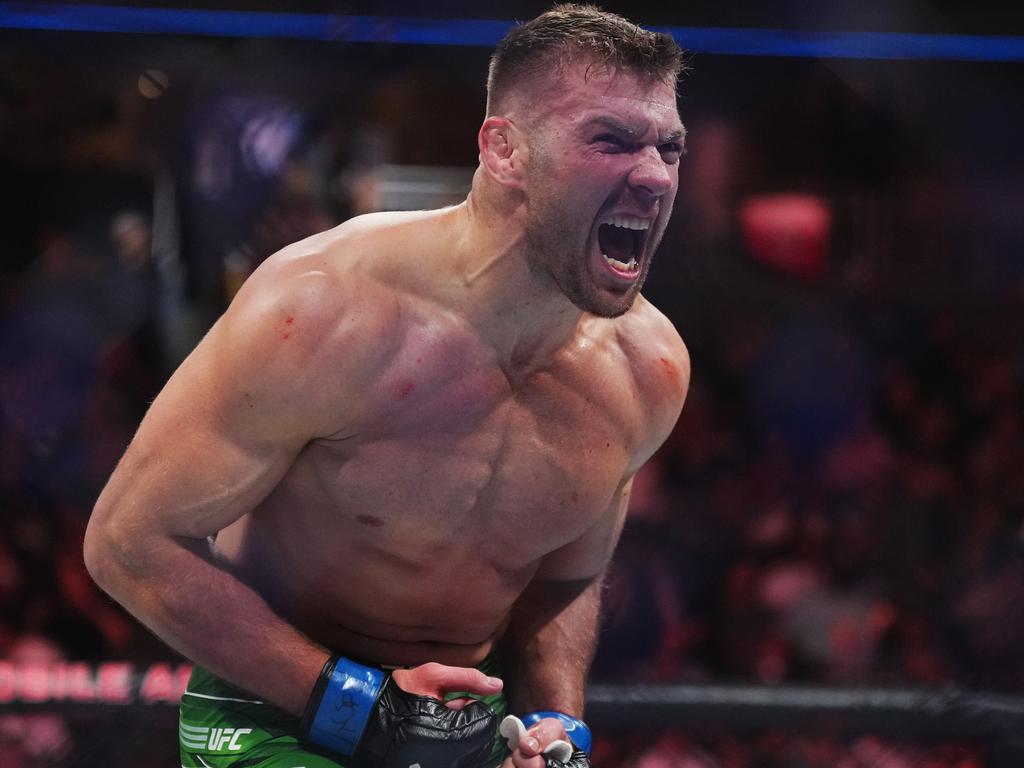 Du Plessis celebrates his win over Whittaker. Picture: Cooper Neill/Zuffa LLC via Getty Images