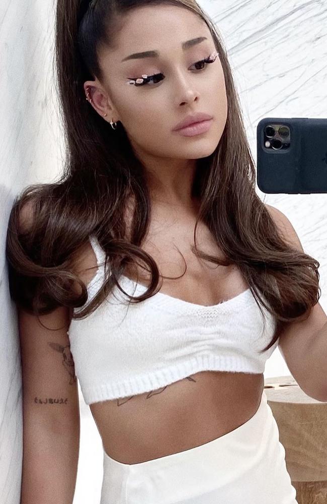 Ariana Grande wearing Verge Girl’s $119 knit set in June. Picture: Instagram/ @arianagrande