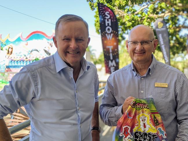 Australian Labor Party leader Anthony Albanese and Federal Member for Blair Shayne Neumann talk showbags at the Ipswich Show, 2021. Photo: Ebony Graveur