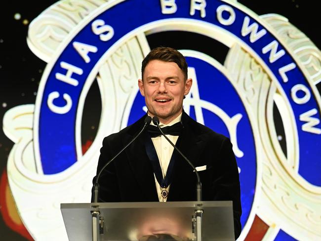 BRISBANE, AUSTRALIA – SEPTEMBER 25: Lachie Neale of the Lions gives a speech after being awarded with the Brownlow Medal during the 2023 Brownlow Medal at The Gabba on September 25, 2023 in Brisbane, Australia. (Photo by Albert Perez/AFL Photos via Getty Images)