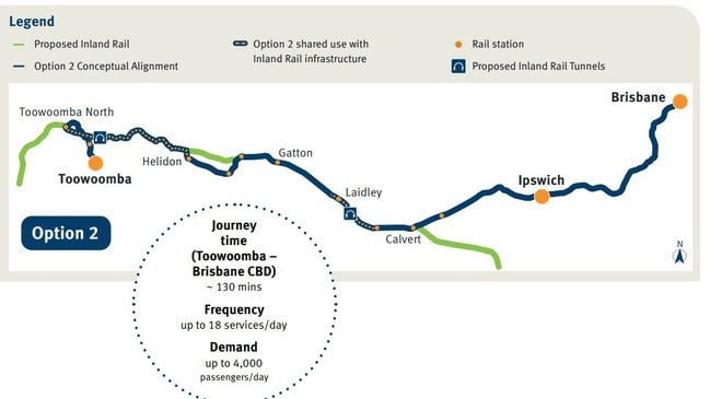 A map of the proposed Toowoomba passenger rail line.