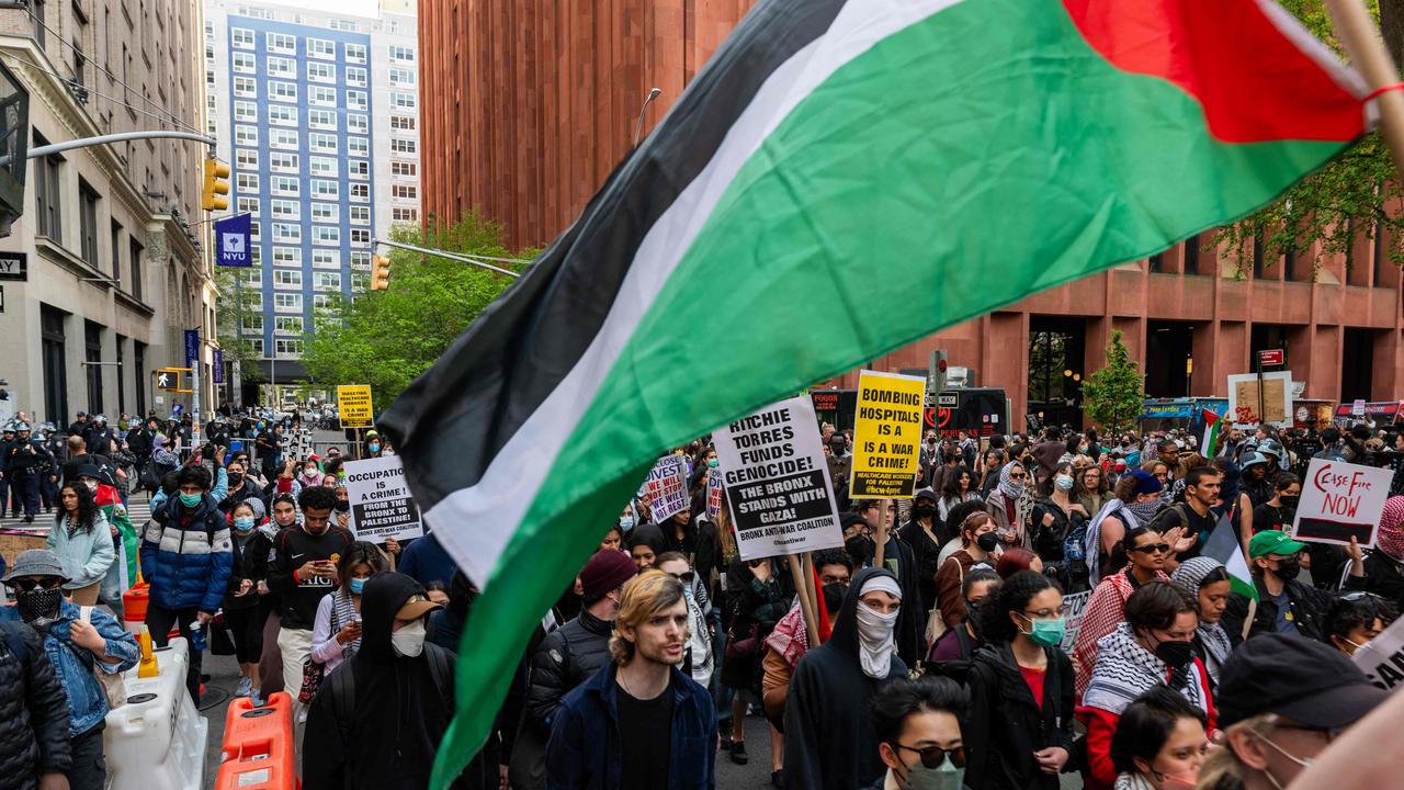 Pro Palestinian protesters gather outside of New York University (NYU) buildings in lower Manhattan. Picture: AFP