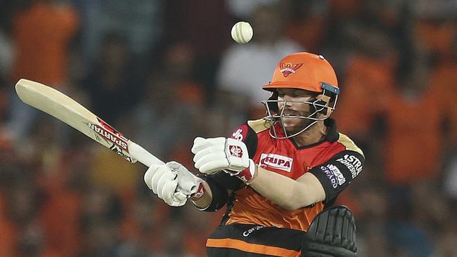 Sunrisers Hyderabad's David Warner plays a shot during the VIVO IPL T20 cricket match between Sunrisers Hyderabad and Rajasthan Royals in Hyderabad, India, Friday, March 29, 2019. (AP Photo/ Mahesh Kumar A.)