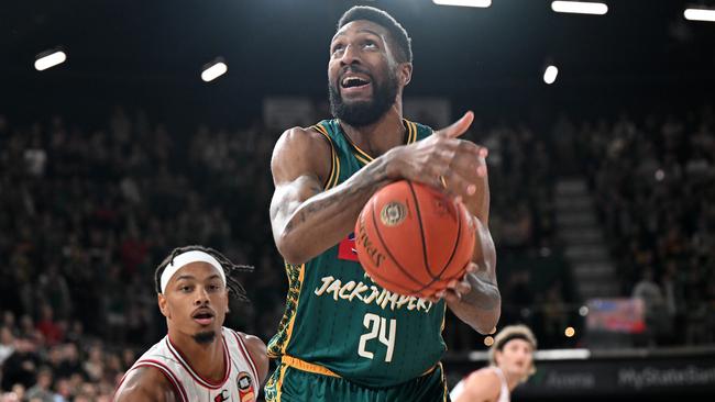 HOBART, AUSTRALIA - OCTOBER 12: Marcus Lee of the Jackjumpers drives to the basket during the round three NBL match between Tasmania Jackjumpers and Illawarra Hawks at MyState Bank Arena, on October 12, 2023, in Hobart, Australia. (Photo by Steve Bell/Getty Images)