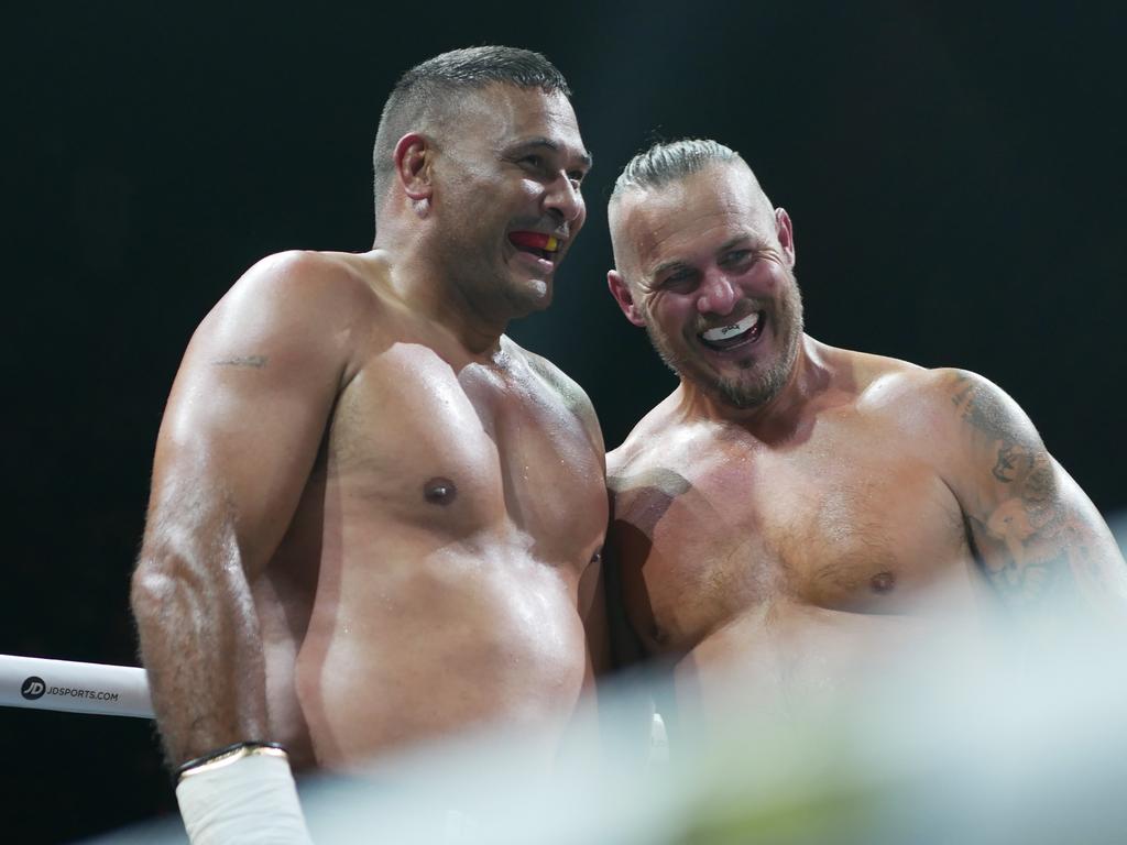 Justin Hodges and Matt Cooper at the Battle of the Reef fight night at the Townsville Entertainment and Convention centre, October 7 2023. Picture: Blair Jackson.