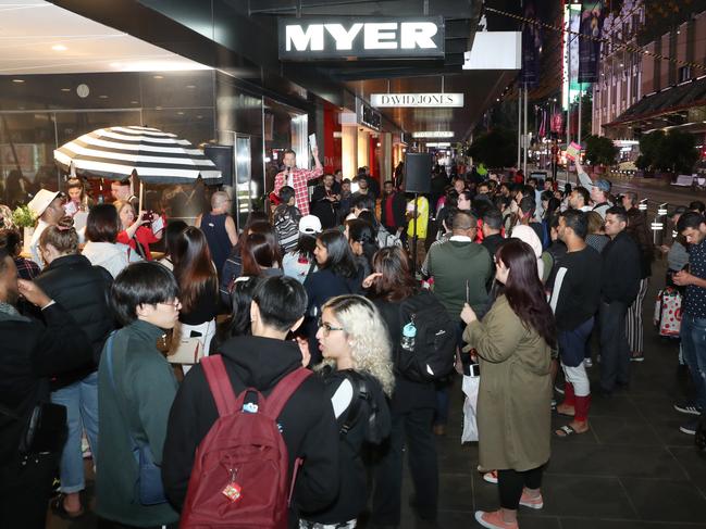 Shoppers line up in front of the Myers store in the Bourke  street mall at the Boxing day sales in Melbourne. Thursday, December 26, 2019. Picture: David Crosling