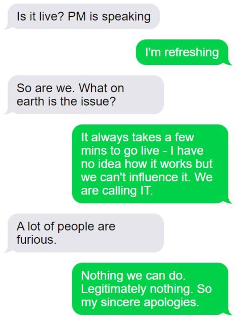 A mock-up of text messages between the Minister for Home Affairs Office and the department as described in the report.