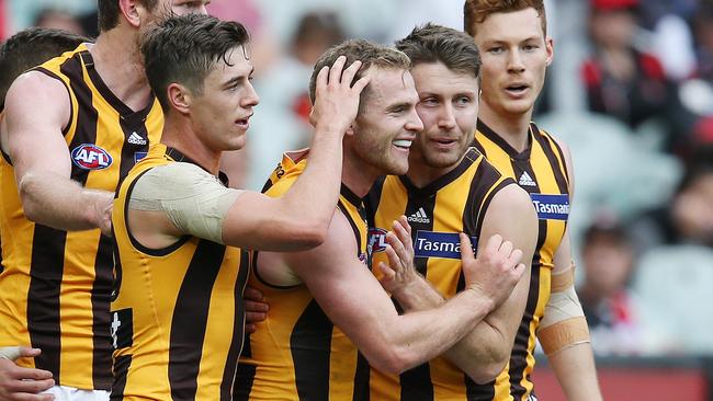 Tom Mitchell celebrates a goal. Picture: Michael Klein