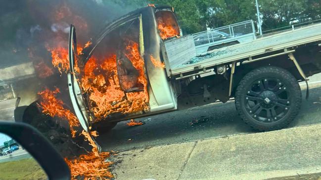 Ute engulfed by fire on Gold Coast M1. Picture: Penny Carter