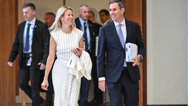 Treasurer Jim Chalmers and his wife Laura arrive for Chalmers' post-budget address at the National Press Club in Canberra. Picture: Getty Images