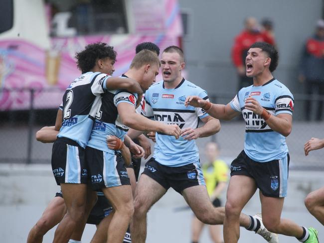 Sharks celebrate a try. Picture: Warren Gannon Photography