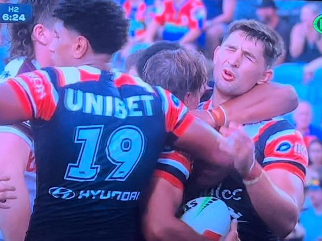 Victor Radley cops some friendly fire from teammate Naufahu Whyte.