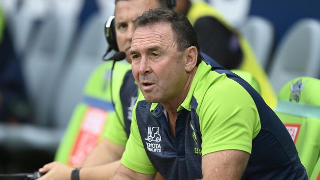 TOWNSVILLE, AUSTRALIA - MARCH 04: Raiders Coach Ricky Stuart looks on during the round one NRL match between the North Queensland Cowboys and the Canberra Raiders at Qld Country Bank Stadium on March 04, 2023 in Townsville, Australia. (Photo by Ian Hitchcock/Getty Images)