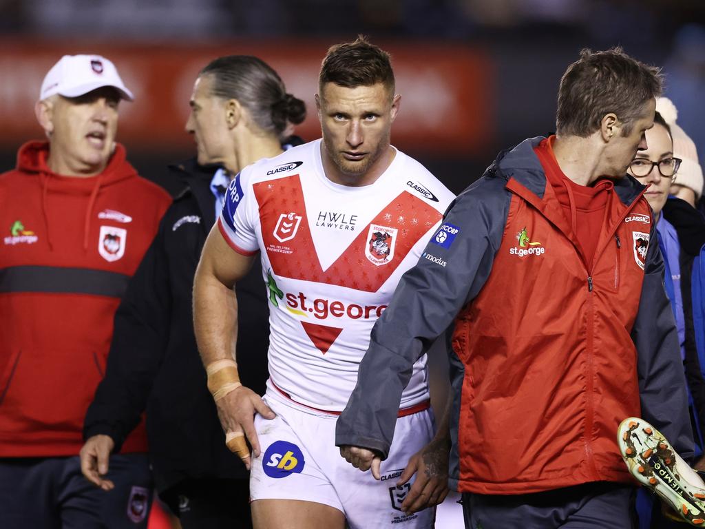 Tariq Sims of the Dragons is sent to the sin bin after a high tackle on Connor Tracey. Picture: Matt King/Getty Images