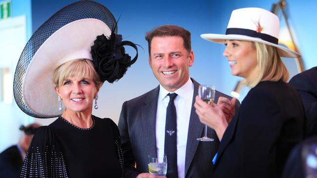 Foreign minister Julie Bishop with Karl Stefanovic and Jasmine Yarbrough during the 2017 spring racing carnival. Picture: Aaron Francis/The Australian