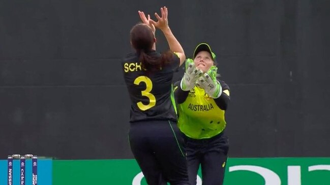 Alyssa Healy collides with Megan Schutt trying to take a catch. Picture: twitter.com/ICC