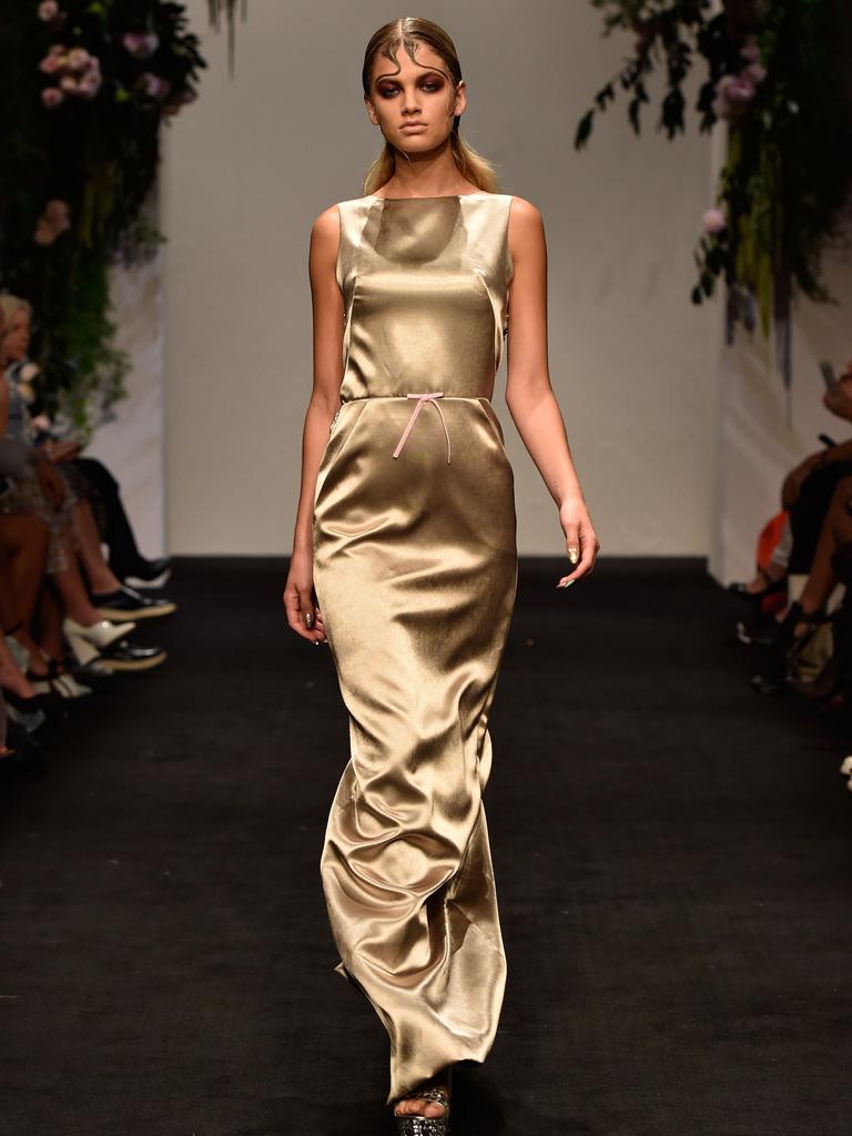 A model walks the runway during the Dyspnea show at Mercedes-Benz Fashion Week Australia 2015. Picture: Getty