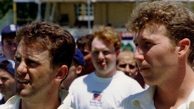 Then-England captain Mike Atherton (right) with his Australian counterpart, Mark Taylor, following the Perth Test in 1995. Photo: Mike Keating