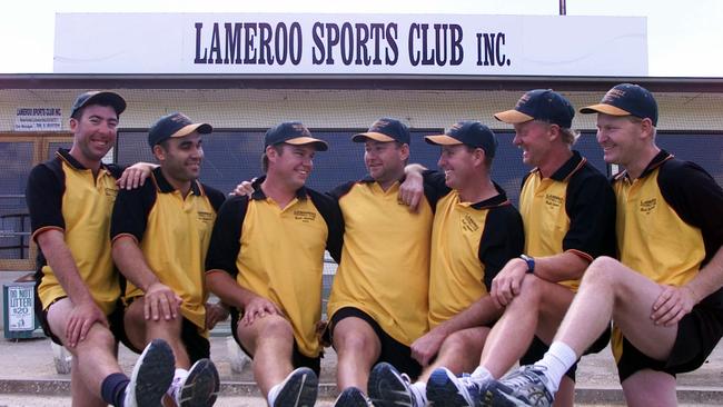 Lameroo Football Club members Patrick O'Driscoll with Craig Zerk, Mark Trowbridge, Peter Byrne, Lynton Barrett, Rodney Maynard and Wayne Barrett participated in charity walk to raise funds for Bali bombing victims in the early 2000s. Picture: File.