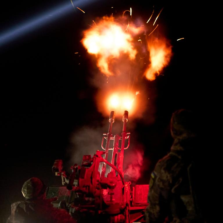 Soldiers of the Armed Forces of Ukraine from the unit of the mobile air defence group shoot down enemy drones. Picture: Kostiantyn Liberov/Libkos/Getty Images