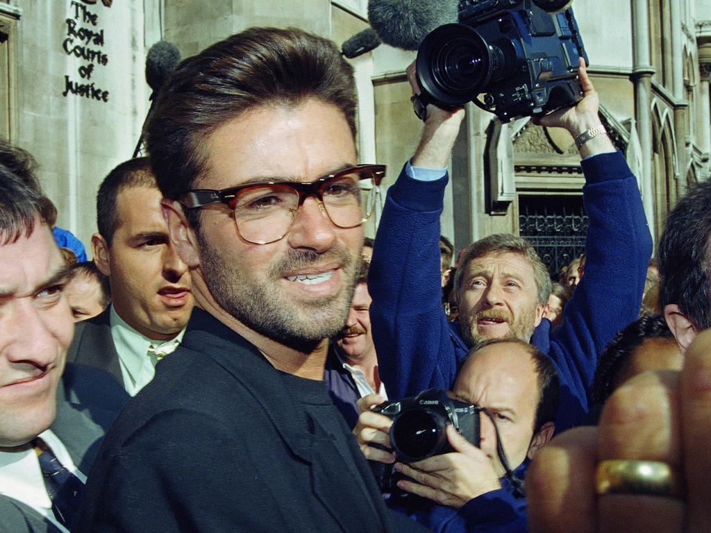 October 18, 1993, pop star George Michael, 30, outside the Royal Courts of Justice in London at the start of his court action against Sony Music Entertainment (UK) Ltd. Michael, who rocketed to stardom with WHAM! and went on to enjoy a long and celebrated solo career lined with controversies. Picture: AP Photo