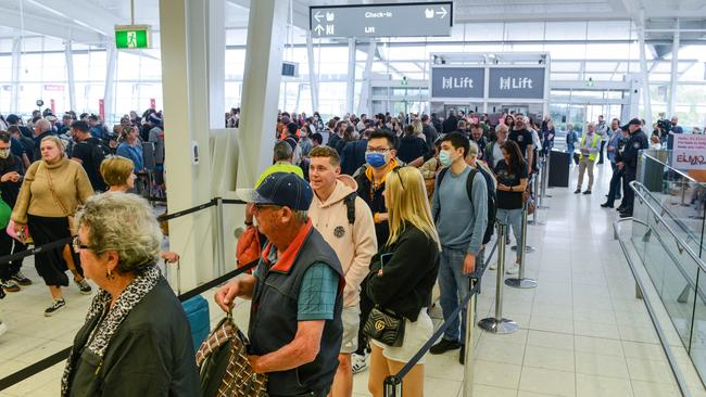 Queues previously pictured at Adelaide Airport. Picture: Brenton Edwards