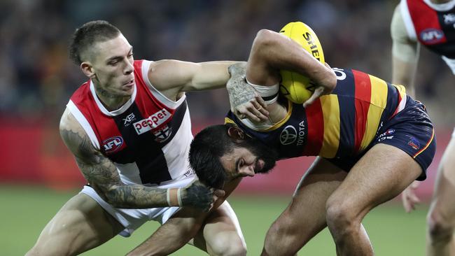 Adelaide’s Wayne Milera under pressure from St Kilda’s Matthew Parker. Picture: Sarah Reed