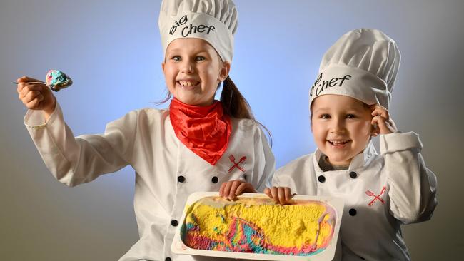 Ava Standish, 7, and brother Arnold, 5, taste Golden North’s award-winning ice cream. Picture: Tricia Watkinson.